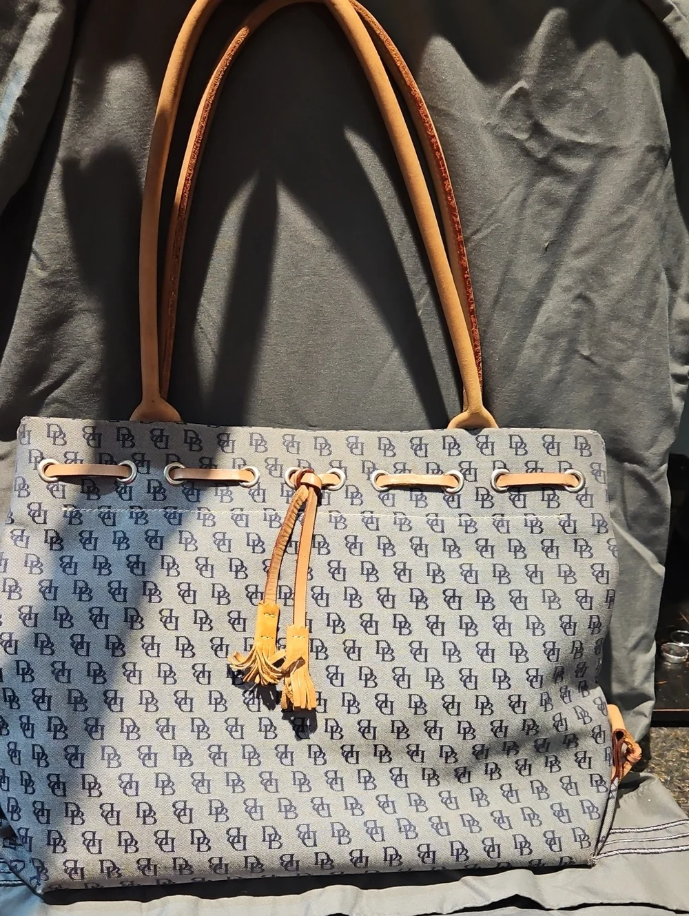 Dooney &  BourkeDesigner-Inspired Navy Monogram Tote with Tan Leather Trim